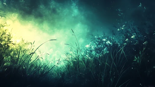 Luminescent meadow verge in atmospheric digital painting.