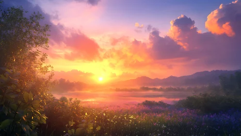 Radiant sunrise ignites misty wildflower valley in bloom.
