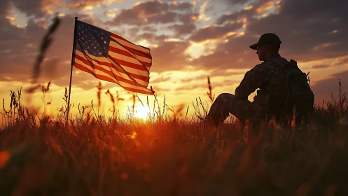 Silhouetted US soldier beside flag in backlit sunset field