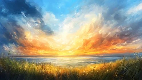 Radiant coastal sunset rendered in expressive digital brushwork