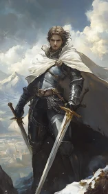 Armored warrior holding two swords on a snowy mountain ridge