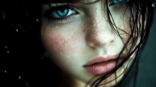 Close-up study of wet female face with blue eyes detail.