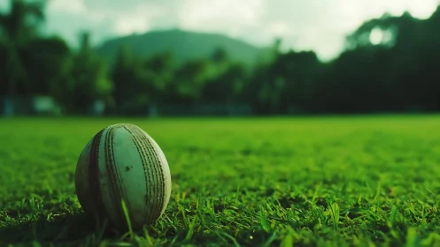 Cricket ball rests on sunlit green field at dusk.