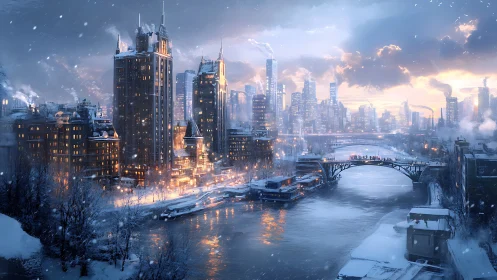 Snowlit canal city at dusk with glowing tower skyline.