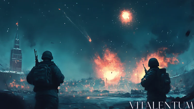 Urban battlefield skyline under heavy nighttime bombardment.