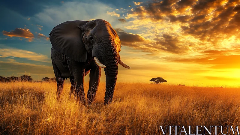 Elephant in golden savanna grass under vivid sunset sky.