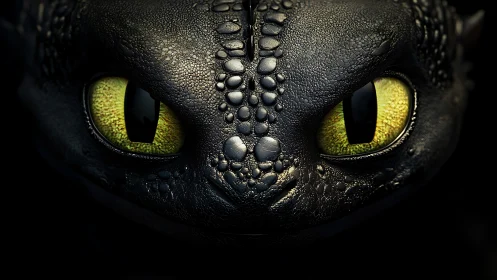 Dragon’s luminous eyes gleam from the shadows in close view