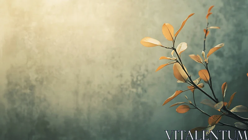 Minimalist branch with golden leaves against textured background.