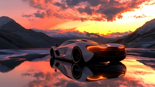 Supercar silhouette on reflective alpine lake at sunset.