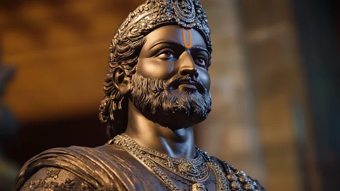 Highly detailed metallic statue of regal warrior with ornate crown