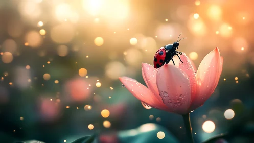 Ladybug’s quiet sunrise moment on a dew-kissed bloom.