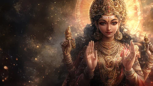 Radiant goddess figure offers calm blessing in golden light