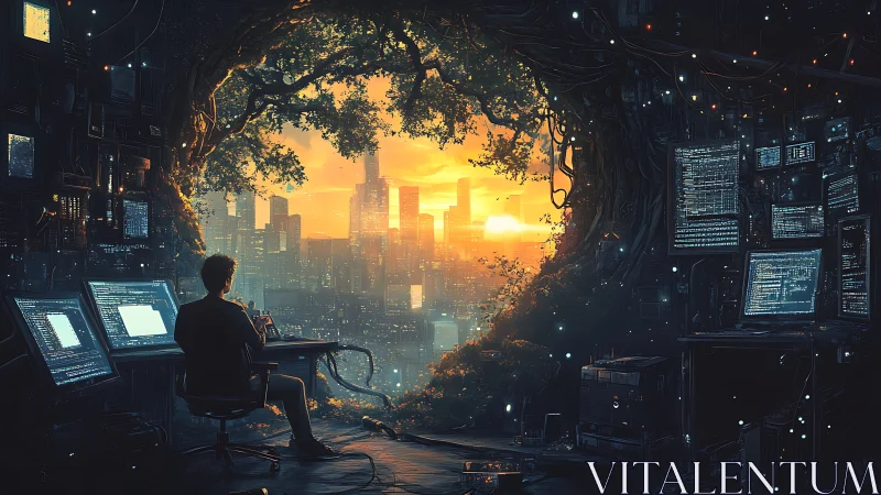 Solitary coder observes luminous cybernetic city at dusk