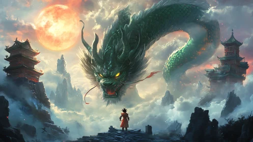 Large green dragon confronts lone figure between mountain temples