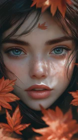 Autumn-eyed girl framed in ember leaves and whispered light.