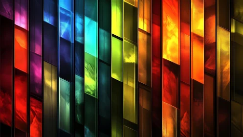 Vibrant abstract stained glass wall with geometric color blocks.