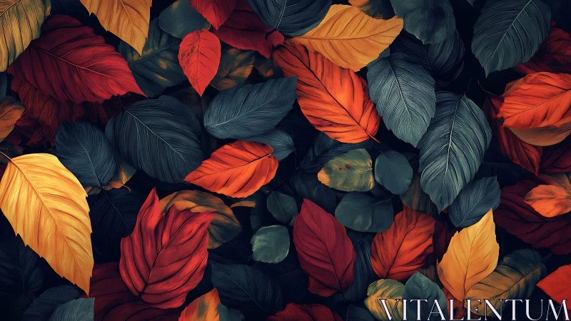 Multilayered autumn foliage pattern with high contrast color grading
