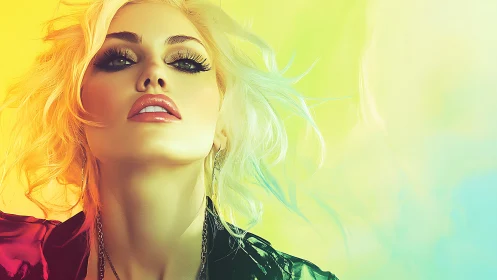 Neon siren gazes skyward in a soft electric rainbow haze.