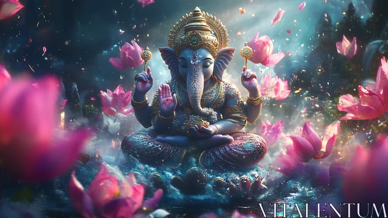Elephant-headed deity rendered in high-detail 3D among luminous lotus blooms