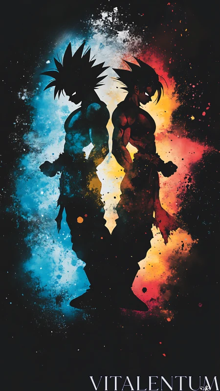 Dual anime warriors stand back to back in split chromatic aura