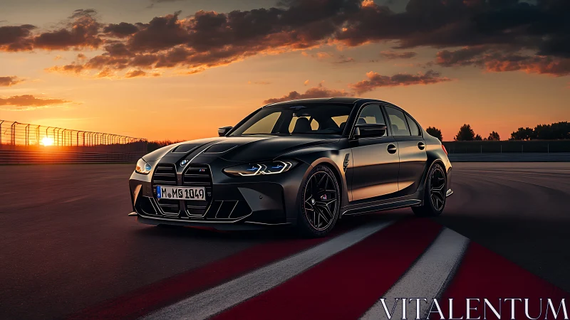 Sleek black sports sedan turns hot-lap at sunset circuit.