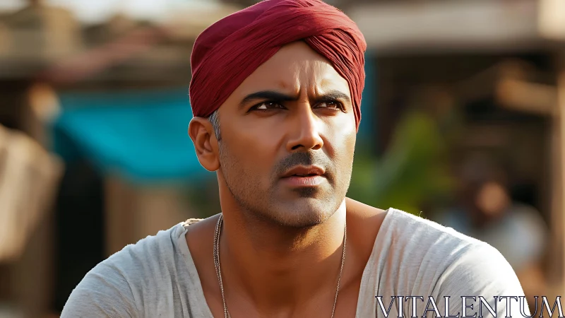 Man wearing red turban looks ahead in outdoor setting