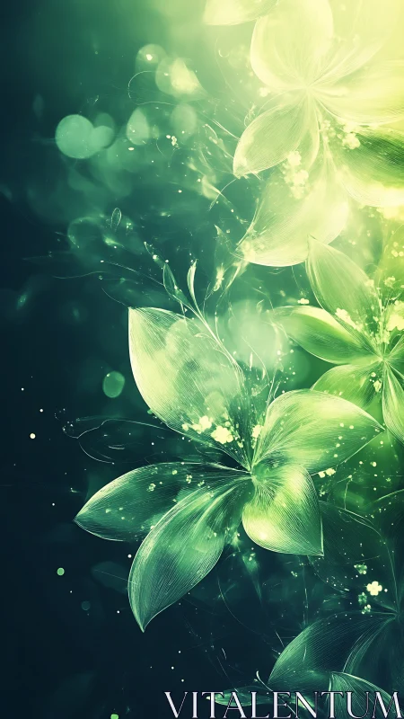 Glowing flowers with luminescent petals and bokeh particles