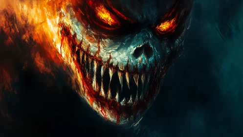 Infernal demonic skull portrait with molten eyes and fanged maw