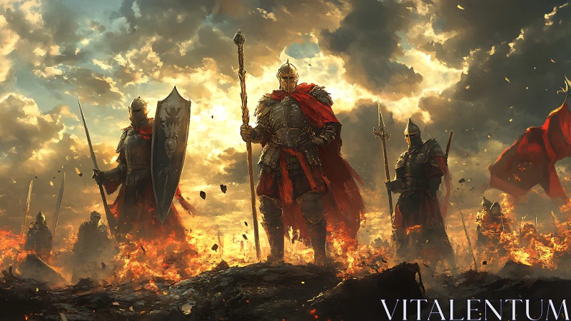 Armored knights advance through fire under storm-lit skies