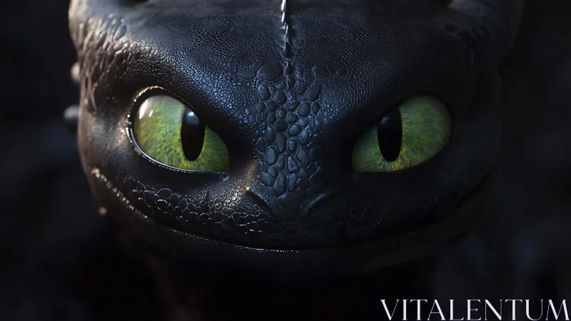 Bright green dragon eyes glow softly in the shadowed dark