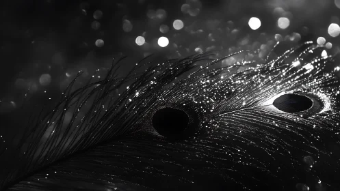 Glistening peacock feather shimmers in dramatic monochrome light