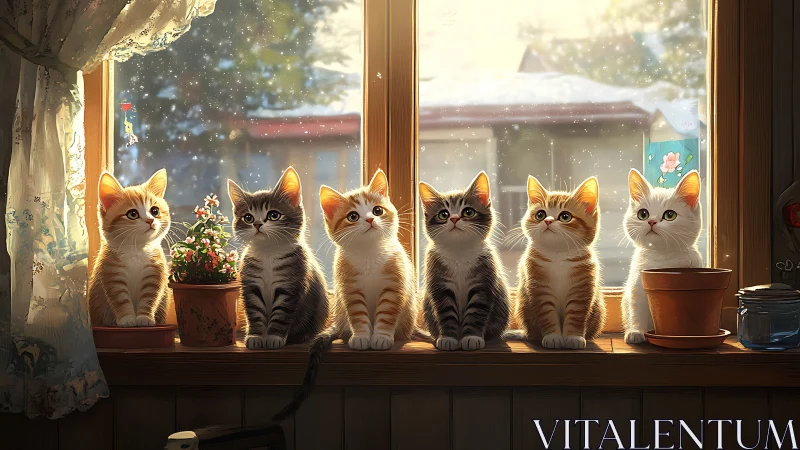 Six Whisker Philosophers Watch Winter Through Golden Glass.