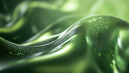 Abstract green waves with glowing particles in futuristic digital style.