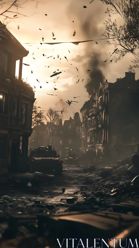 War-torn urban street rendered with high-contrast debris motion