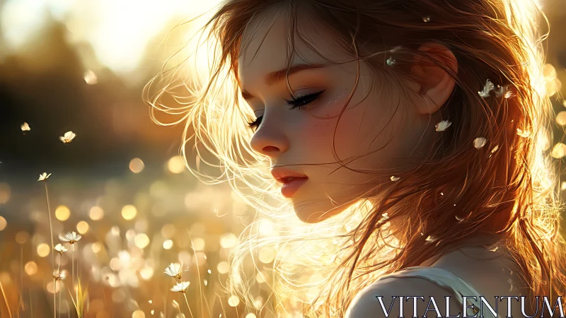 Side profile of young woman in sunlit meadow landscape.