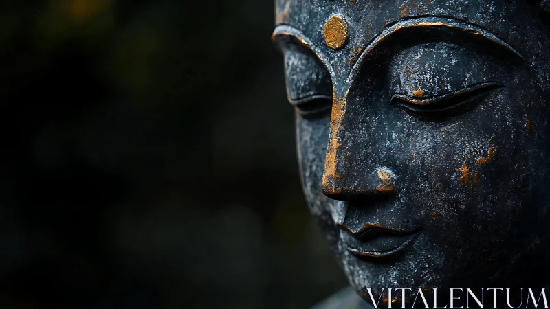 Weathered stone Buddha face with gold patina highlights.