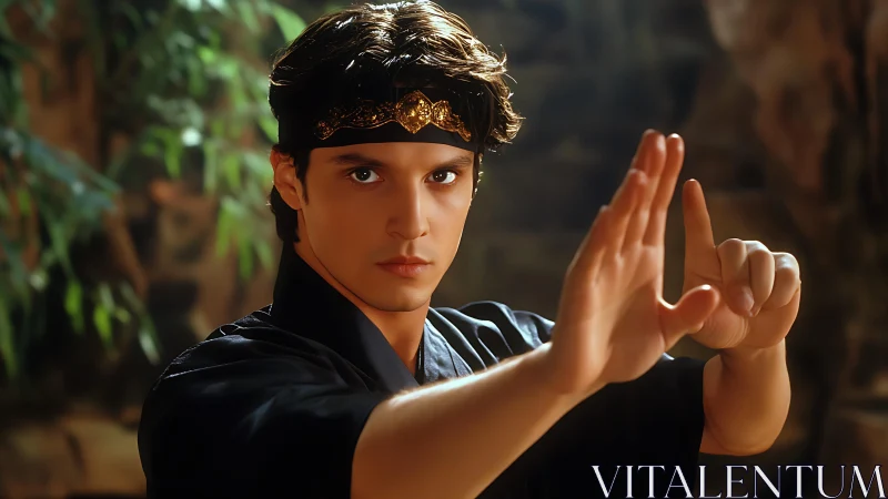 Martial artist locks into focus beneath temple garden light.