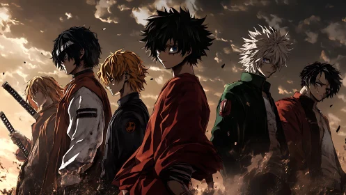 Cinematic anime lineup in storm-lit battlefield panorama.