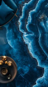Photorealistic top view of blue geode tabletop interior design.