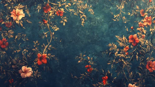 Floral vines frame textured teal background with warm blooms