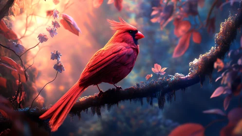 Vibrant red cardinal on mossy branch in dreamy fantasy forest.