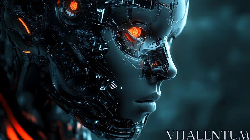 Cybernetic humanoid profile glows with molten orange optics.