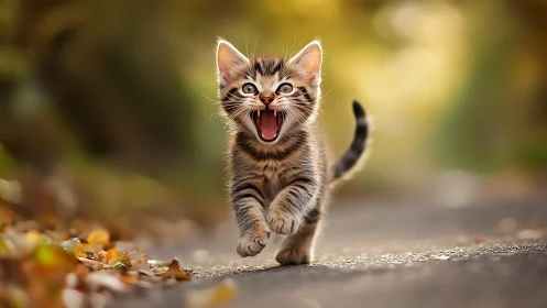 Joyful Kitten Running Forward with Mouth Open Wide