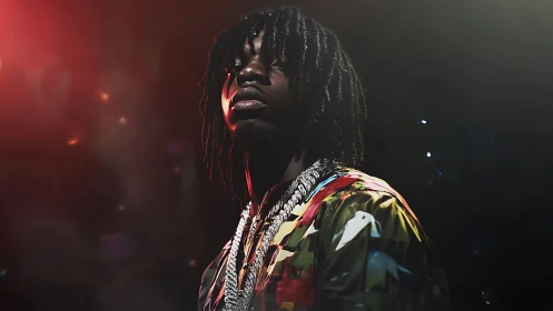 Photorealistic hip-hop portrait with dramatic stage backlighting.