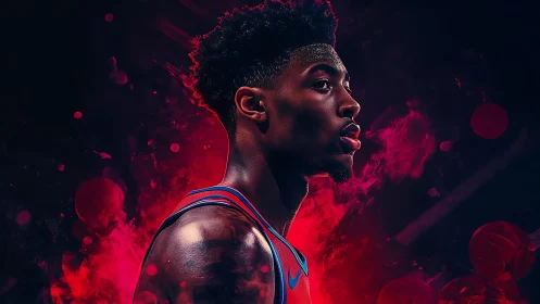 Rising court star framed in bold neon game-time glow.