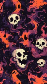 Repeating screaming skull motifs within swirling neon spectral smoke