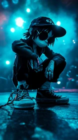 Cartoon streetwear skater crouching under neon blue stage light.