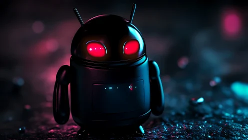 Cute black robot glows with neon red eyes in cyberpunk light
