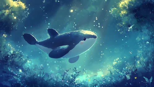 Digital painting of a luminous whale drifting in forestal waters.