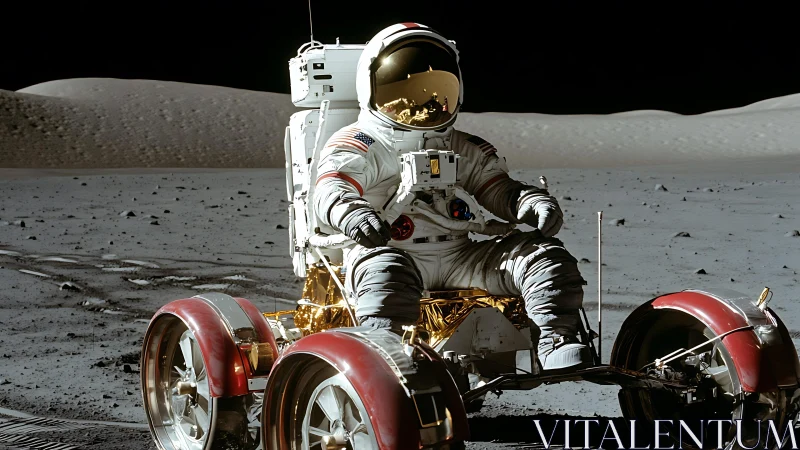 Curious astronaut explores the moon in a trusty rover ride.